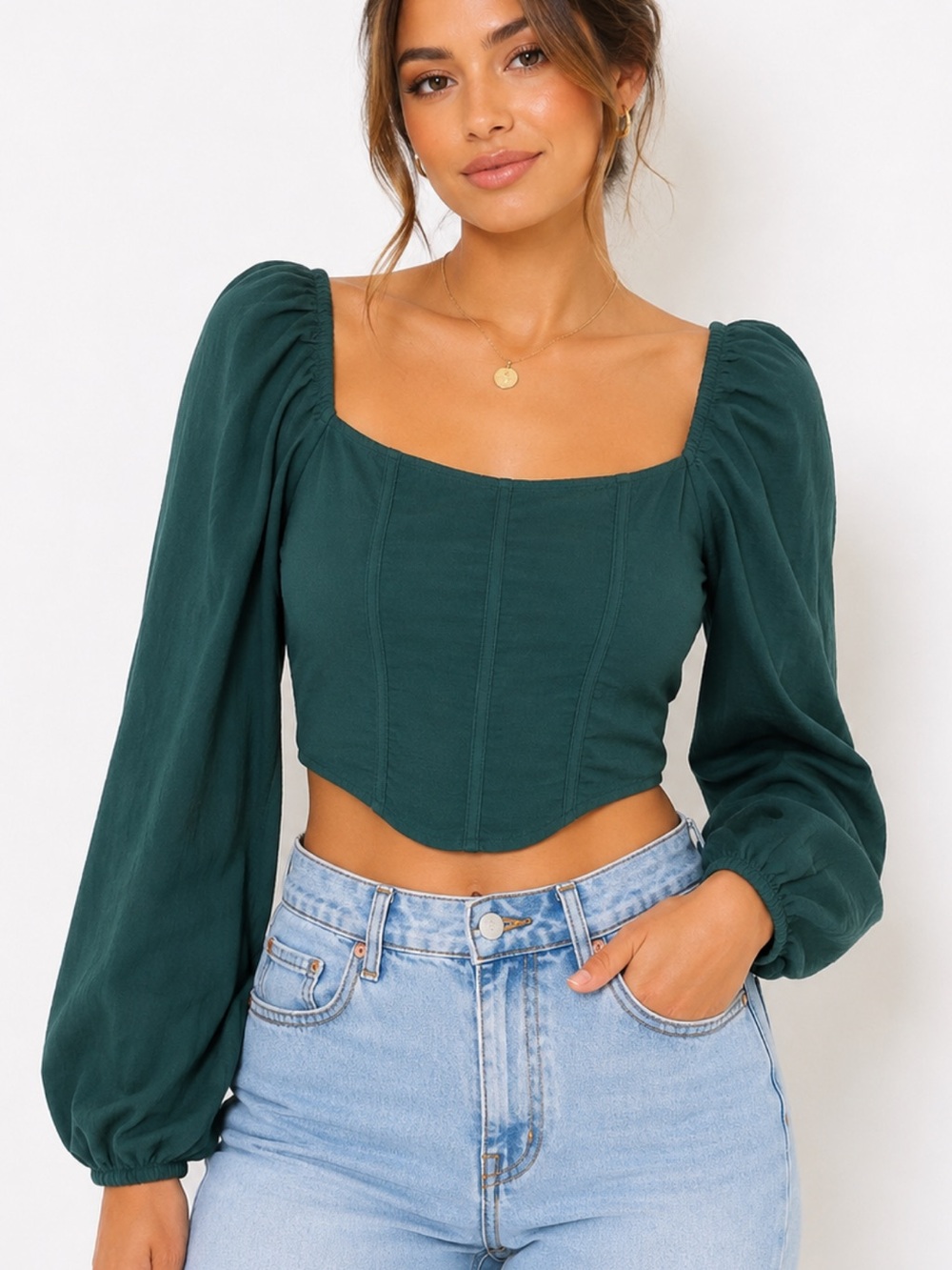 Kirious Los Angeles Green Corset Crop Top Puff Sleeve 100% Cotton Size M